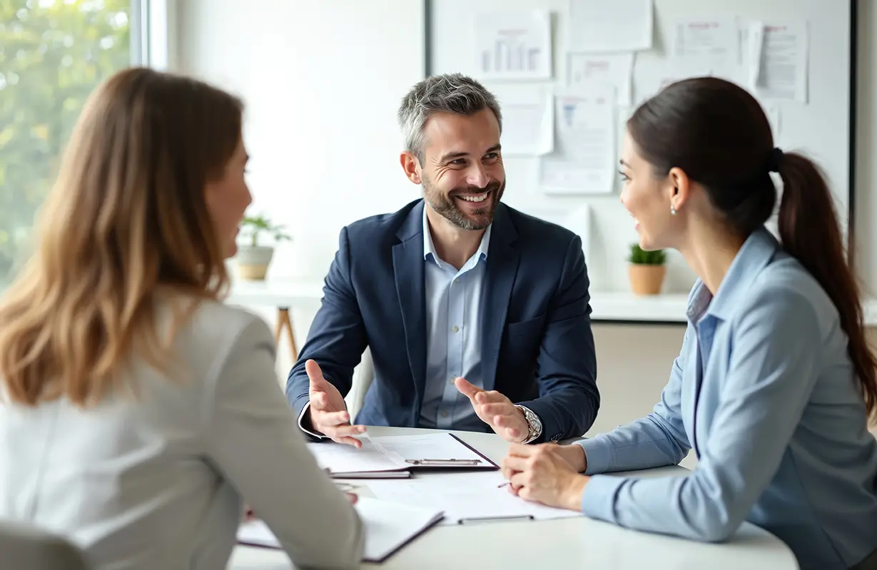 Financial advisor discussing tax planning strategies and long-term financial health with a client in an office setting