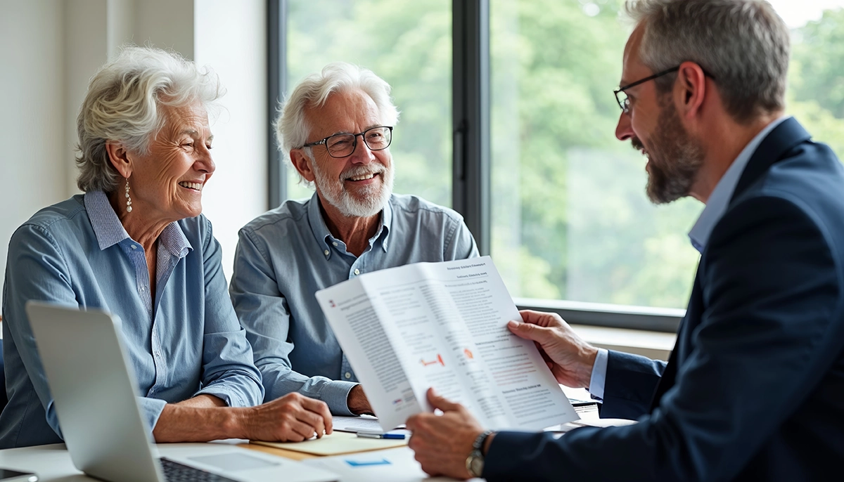 Couple reviewing finances with a financial advisor during a financial planning meeting, discussing documents and building clarity to support emotional well-being.