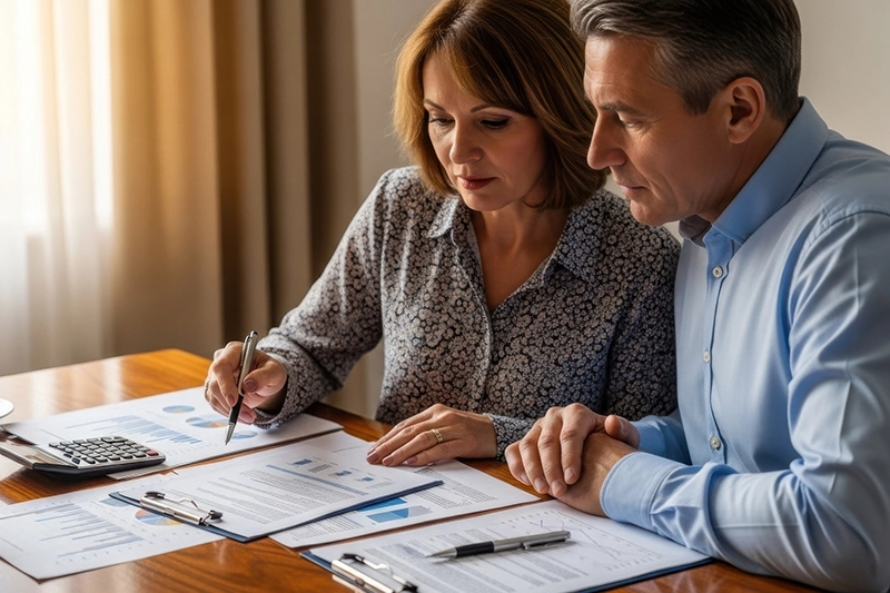 Couple reviewing retirement planning finances and long-term savings strategy at home